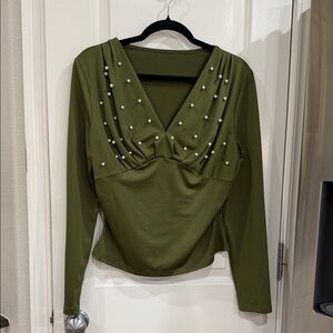 Olive Green Long-Sleeve V-Neck Top with Pearl Detail